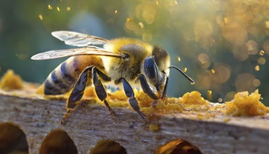 A bee is eating honey from a wooden board. The bee is surrounded by a lot of dust, which is falling