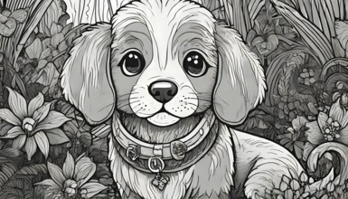 A black and white drawing of a dog wearing a collar. The dog is looking at the camera with a sad