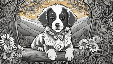 A black and white drawing of a dog sitting on a log. The dog is wearing a bow tie and has a collar.