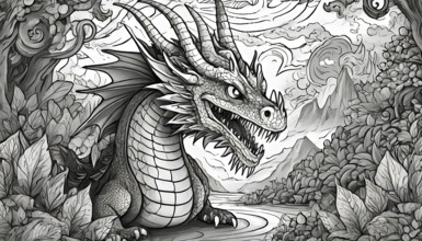 A black and white drawing of a dragon with its mouth open. The dragon is surrounded by trees and