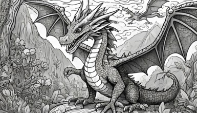 A black and white drawing of a dragon with its mouth open. The dragon is standing on a rock in a