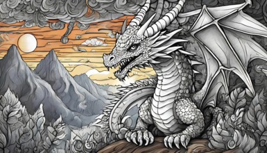 A white dragon is sitting on a rock in front of a mountain range. The sky is orange and the sun is
