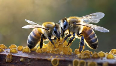 Two bees are eating honey from a hive. The bees are close to each other and are both focused on the