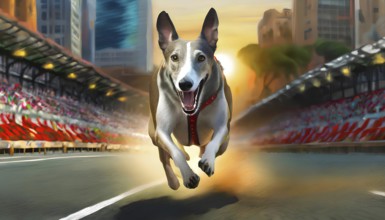 A dog is running on a track with a crowd of people watching. The dog is wearing a red harness and