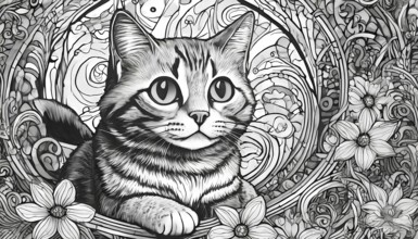 A cat is sitting on a flower bed. The cat is looking at the camera. The flowers are in the