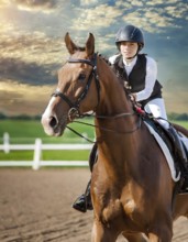 A woman is riding a brown horse in a field. The sky is cloudy and the sun is shining through the