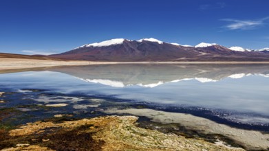 Mountain landscape with a lake whose clear surface reflects the snow-covered peaks under a clear