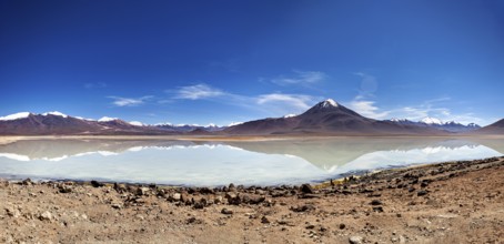 Wide view of a volcano with a reflecting lake and rocky shore under a blue sky, The Laguna Colorada