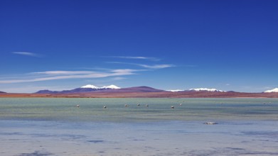 Vast landscape with a clear lake and snow-capped mountains under a blue sky, The landscape of the
