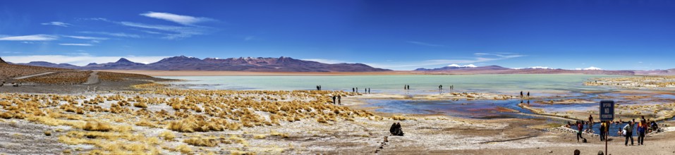 Expansive view of a desert landscape with lake and mountains under a clear sky, The Aguas Termales