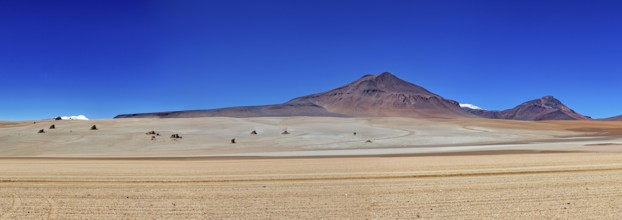 Panorama of a dry landscape with striking mountains and clear skies, The landscape of the Altiplano
