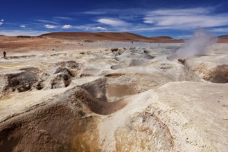 Barren desert landscape with geysers, rocks and vast skies conveys solitude, The mud volcanoes and