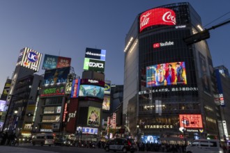 Cars in traffic at Shibuya Crossing, world-famous intersection in the Shibuya district, behind it