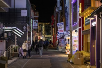 Tourists walk through the narrow alley of Takeshita-dori, Takeshita Street, with souvenir shops and