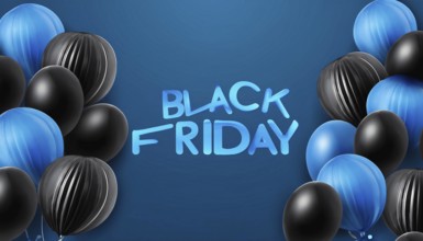 Black Friday promotional design featuring blue and black balloons on a dark blue background. Ideal