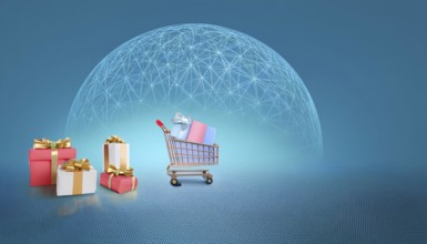 Shopping cart filled with gift boxes on a blue digital background with a network design,