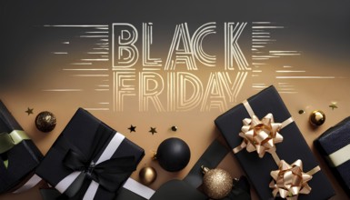 Black and gold gift boxes with bows and festive ornaments on a gradient background with Black