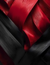Abstract close-up of red and black textured ribbons intertwined, creating a vibrant background,
