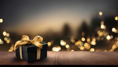Elegant black gift box with golden ribbon on wooden surface and bokeh lights, AI generated