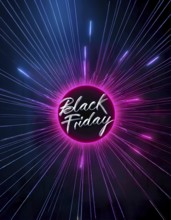 Black Friday text in neon style surrounded by pink and blue light rays on a dark background.