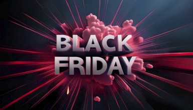 Bold 3D Black Friday text with an explosive background of red clouds and light rays. Ideal for