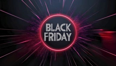 A vibrant Black Friday promotional design with neon lights and glowing lines radiating from a