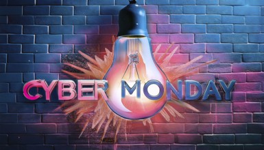 A vibrant Cyber Monday banner featuring a glowing light bulb and bold typography set against a