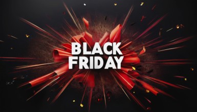 Black Friday sale banner featuring bold white text with an explosive red ribbon design and