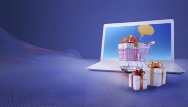 A 3D render of a shopping cart with wrapped gifts displayed on a laptop screen, symbolizing online