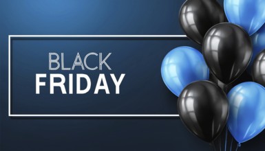 A sleek Black Friday promotional banner featuring black and blue balloons on a dark blue background
