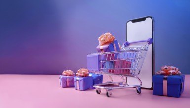 A modern online shopping concept featuring a smartphone, a shopping cart, and multiple gift boxes