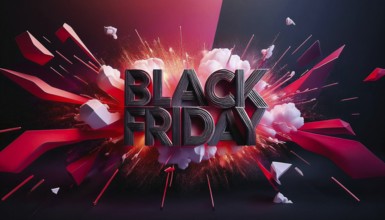 A bold Black Friday text explodes with red and white elements in a dynamic design. This striking