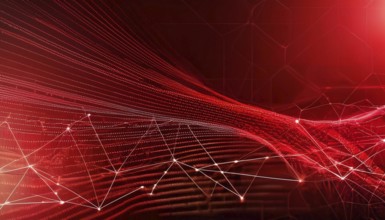 Dynamic abstract red digital wave with connecting network lines and dots on a dark background,