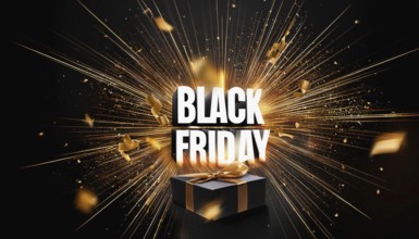 Black Friday sale explosion with bold white text, golden confetti, and a black gift box tied with a