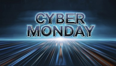 A bold Cyber Monday text glows with neon lighting, set against fast-moving blue light streaks. This