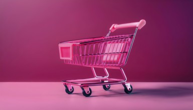A bright pink shopping cart sits on a magenta background, symbolizing online shopping and