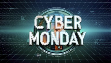 Cyber Monday sale banner with futuristic digital design, featuring bold typography and gridlines,