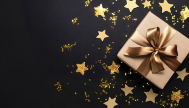 A gold-wrapped gift box with a satin ribbon placed on a black background, surrounded by glittering