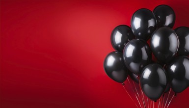 A group of shiny black balloons against a vibrant red background, creating a bold and festive