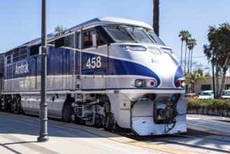 The Amtrak train awaits passengers at the Santa Barbara station in California