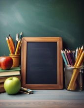 A collection of school supplies, including pencils, books, and apples, arranged on a desk with a