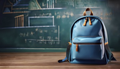 A blue backpack resting on a wooden desk with a chalkboard displaying math equations in the