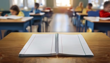 Open spiral notebook placed on a wooden desk in a classroom with students studying in the
