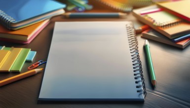 An open spiral notebook placed on a desk surrounded by colorful school supplies, including pencils,