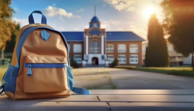 A brightly colored school backpack sits on a bench in the foreground, with a school building in the