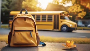 A brightly colored school backpack is placed on the pavement, with a school bus in the background