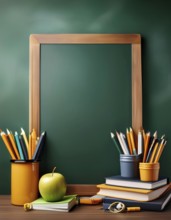 A back to school scene featuring a green blackboard surrounded by school supplies including