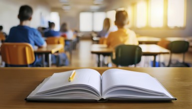 An open notebook with a pencil lies on a desk in the foreground, while students sit at their desks