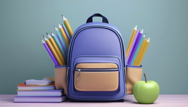 A blue backpack with a green apple and a bunch of pencils on top of it. The backpack is on a table