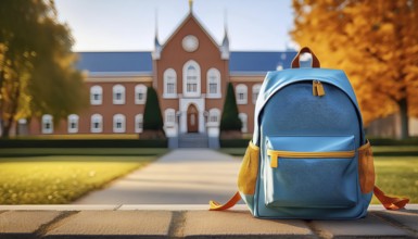 A blue backpack with yellow accents placed on a ledge in front of a school building, surrounded by